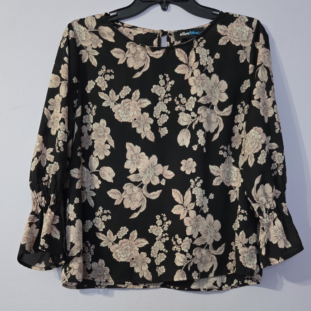 Alice Blue Black and Cream Floral Bell-Sleeve Blouse Womens M
